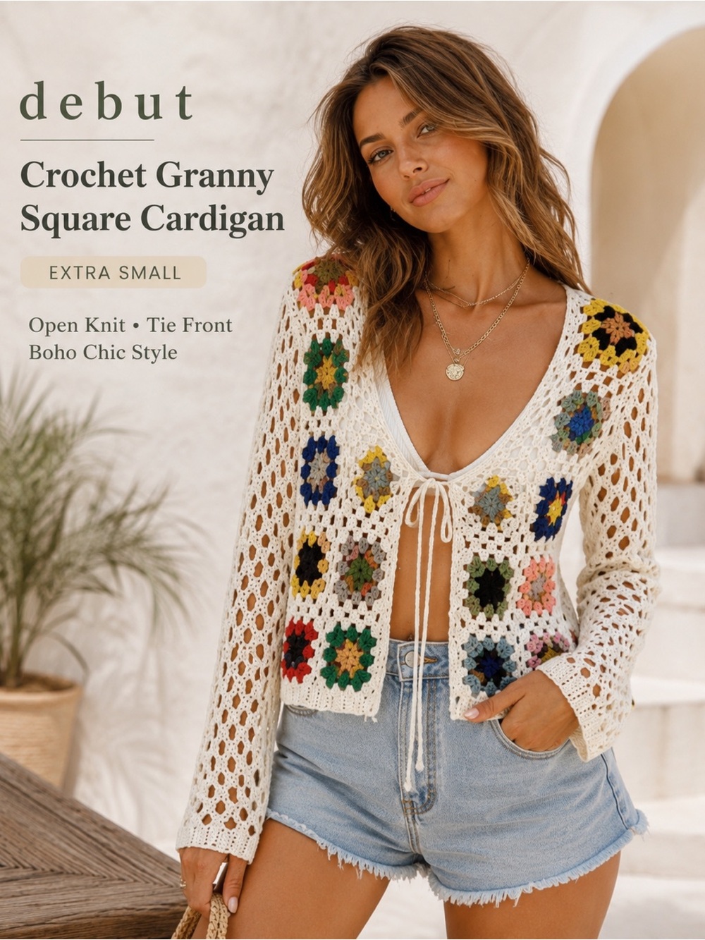Debut Crochet Granny Square Cardigan XS Boho Open Knit Tie Front Festival Sweate